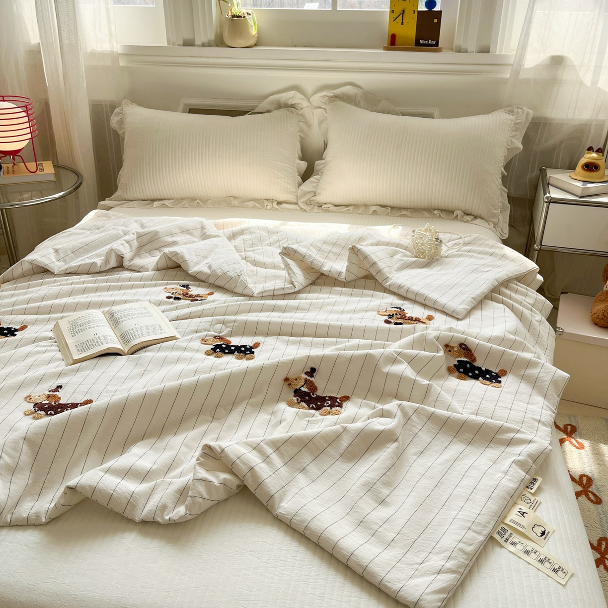 91家纺网 家纺一手货源 找家纺 一加一 2026新款全棉色织水洗棉毛巾绣大豆夏被夏凉被空调被-腊肠狗 腊肠狗-奶白