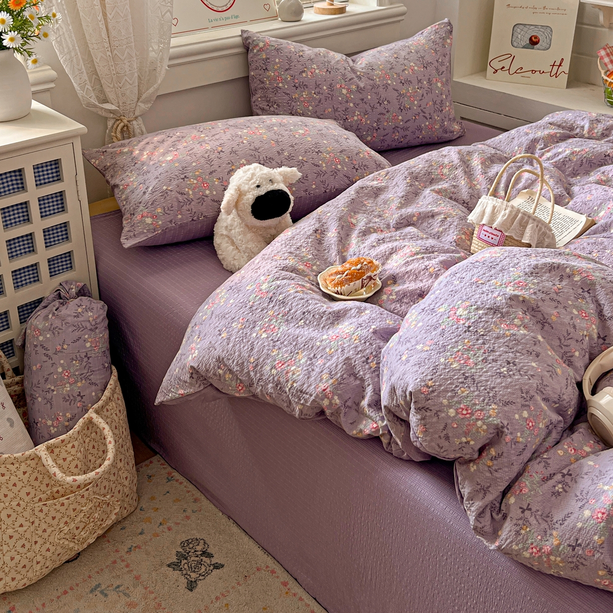 91家纺网 家纺一手货源 找家纺 暖伊家居 2026新款糖果小布袋泡芙纱四件套 薰衣紫花