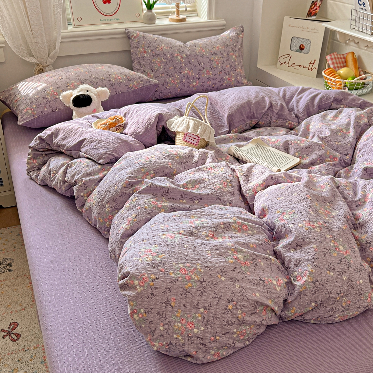 91家纺网 家纺一手货源 找家纺 暖伊家居 2026新款糖果小布袋泡芙纱四件套 薰衣紫花