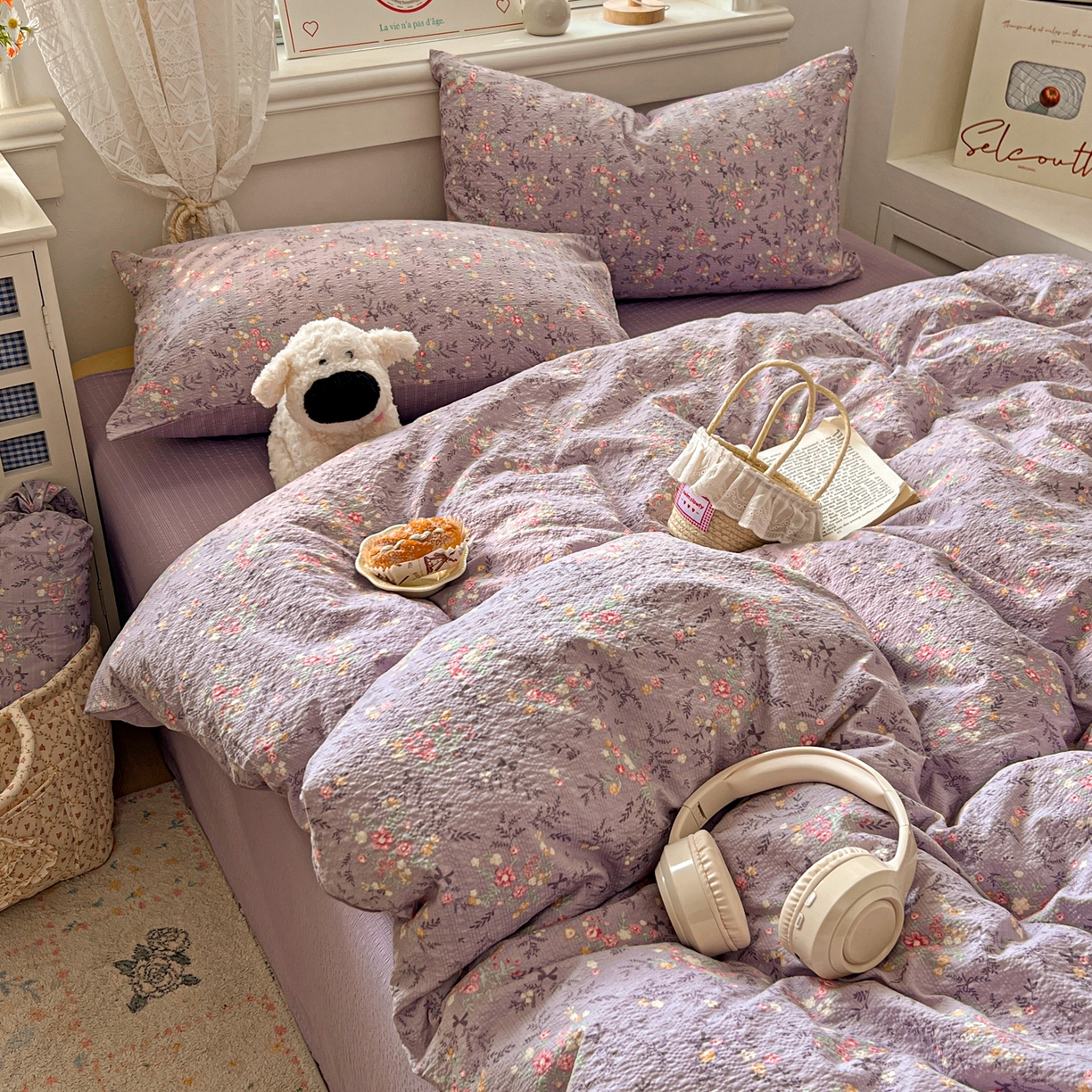 91家纺网 家纺一手货源 找家纺 暖伊家居 2026新款糖果小布袋泡芙纱四件套 薰衣紫花