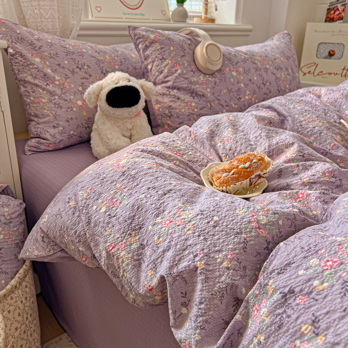 91家纺网 家纺一手货源 找家纺 暖伊家居 2026新款糖果小布袋泡芙纱四件套 薰衣紫花