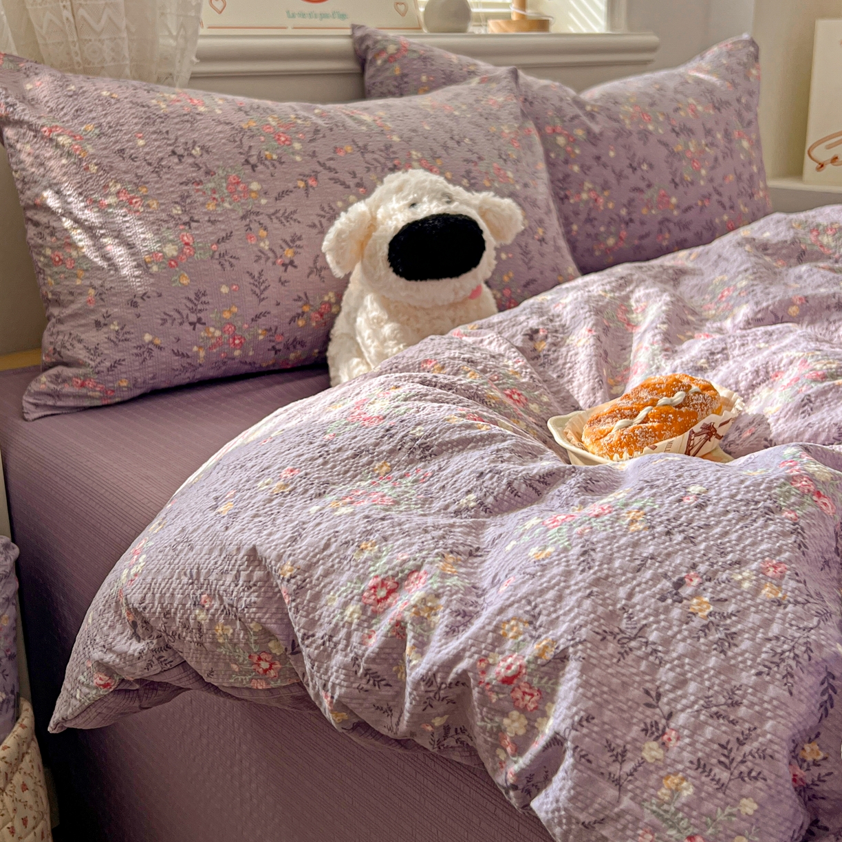 91家纺网 家纺一手货源 找家纺 暖伊家居 2026新款糖果小布袋泡芙纱四件套 薰衣紫花