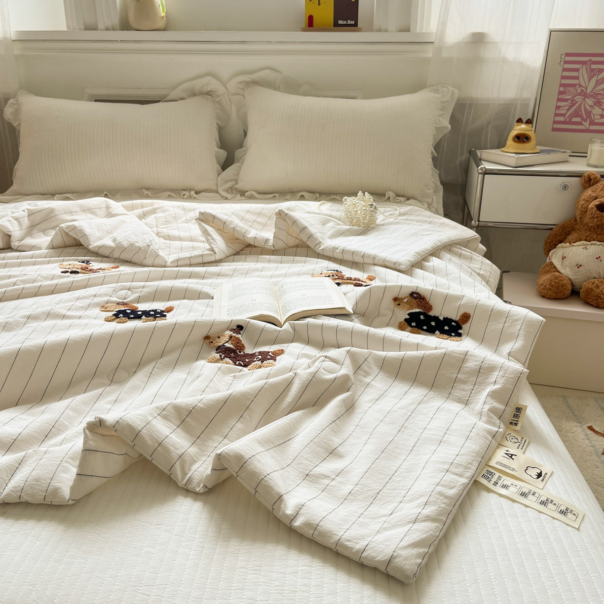 91家纺网 家纺一手货源 找家纺 一加一 2026新款全棉色织水洗棉毛巾绣大豆夏被夏凉被空调被-腊肠狗 腊肠狗-奶白