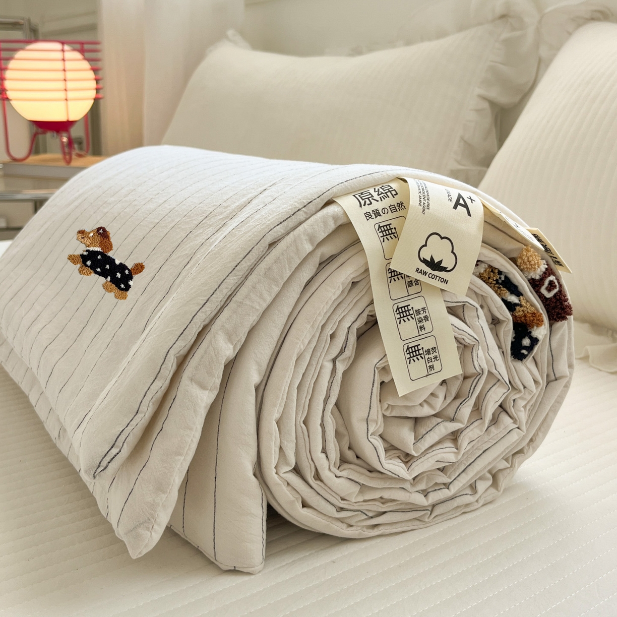 91家纺网 家纺一手货源 找家纺 一加一 2026新款全棉色织水洗棉毛巾绣大豆夏被夏凉被空调被-腊肠狗 腊肠狗-奶白