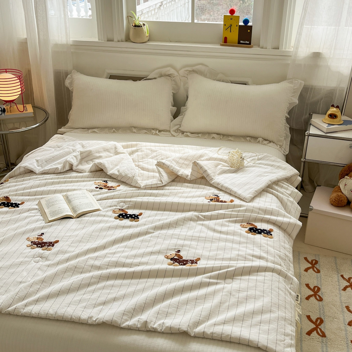 91家纺网 家纺一手货源 找家纺 一加一 2026新款全棉色织水洗棉毛巾绣大豆夏被夏凉被空调被-腊肠狗 腊肠狗-奶白