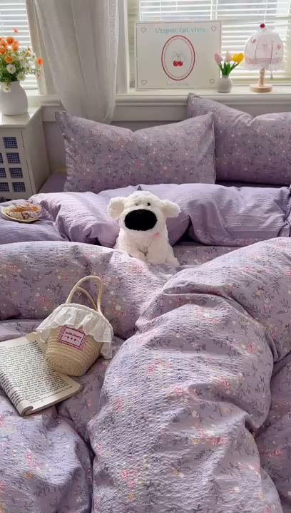 91家纺网 家纺一手货源 找家纺 暖伊家居 2026新款糖果小布袋泡芙纱四件套 薰衣紫花