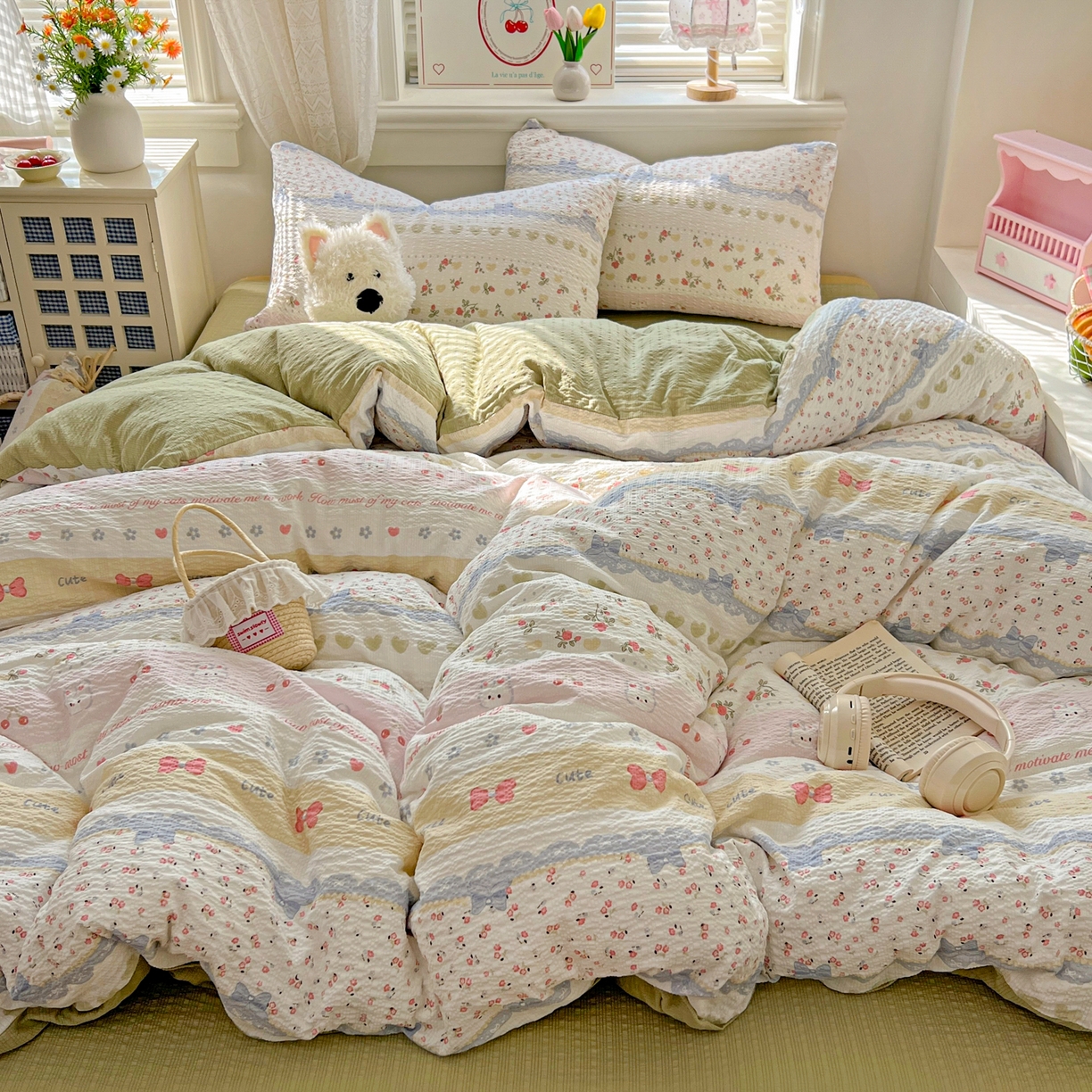 91家纺网 家纺一手货源 找家纺 暖伊家居 2026新款糖果小布袋泡芙纱四件套 栀夏来信