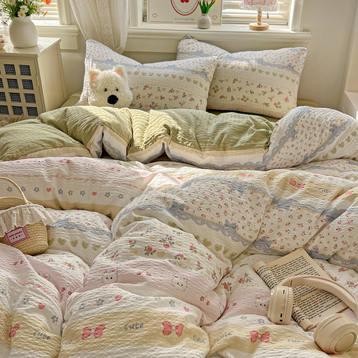 91家纺网 家纺一手货源 找家纺 暖伊家居 2026新款糖果小布袋泡芙纱四件套 栀夏来信