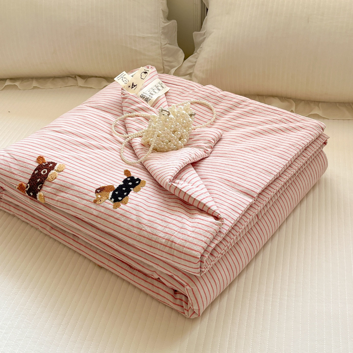 一加一 2026新款全棉色织水洗棉毛巾绣大豆夏被夏凉被空调被-腊肠狗 腊肠狗-樱花