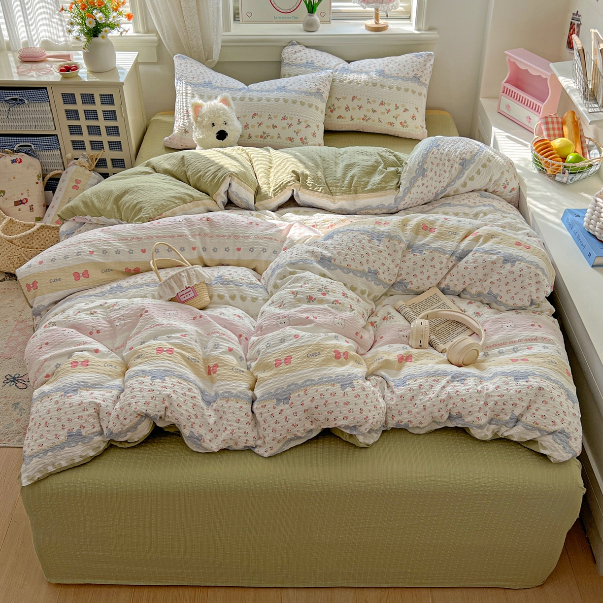 91家纺网 家纺一手货源 找家纺 暖伊家居 2026新款糖果小布袋泡芙纱四件套 栀夏来信