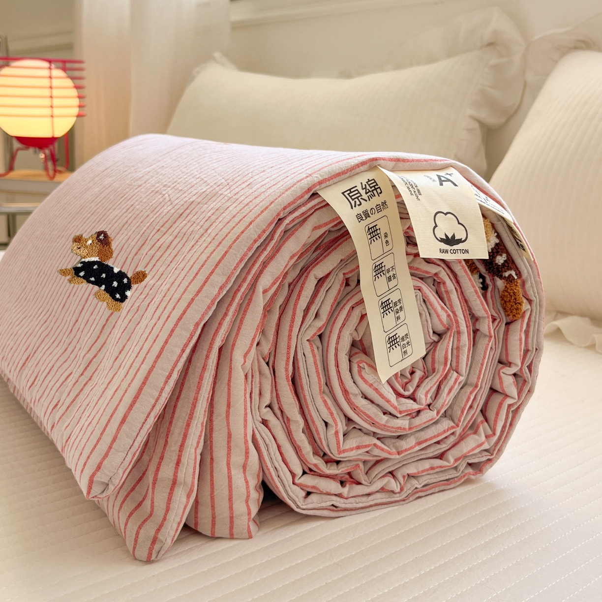 91家纺网 家纺一手货源 找家纺 一加一 2026新款全棉色织水洗棉毛巾绣大豆夏被夏凉被空调被-腊肠狗 腊肠狗-樱花
