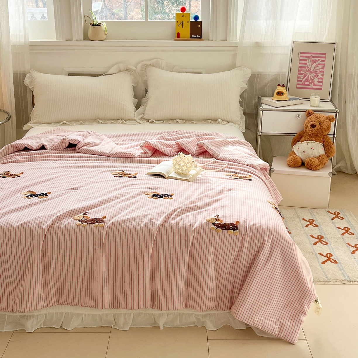 91家纺网 家纺一手货源 找家纺 一加一 2026新款全棉色织水洗棉毛巾绣大豆夏被夏凉被空调被-腊肠狗 腊肠狗-樱花