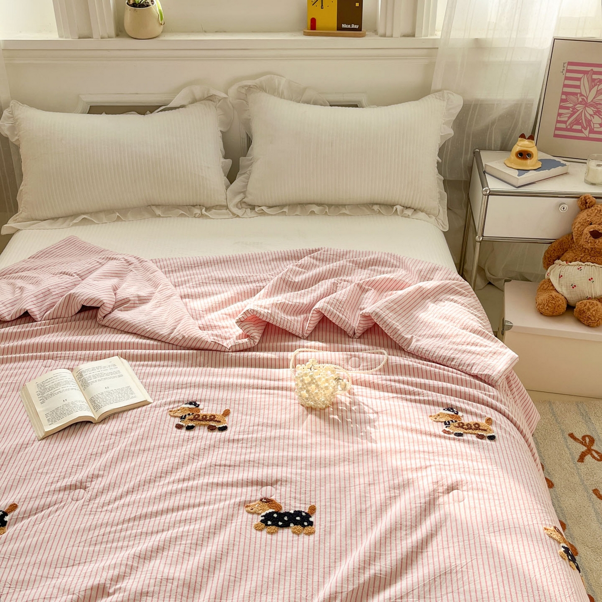 91家纺网 家纺一手货源 找家纺 一加一 2026新款全棉色织水洗棉毛巾绣大豆夏被夏凉被空调被-腊肠狗 腊肠狗-樱花