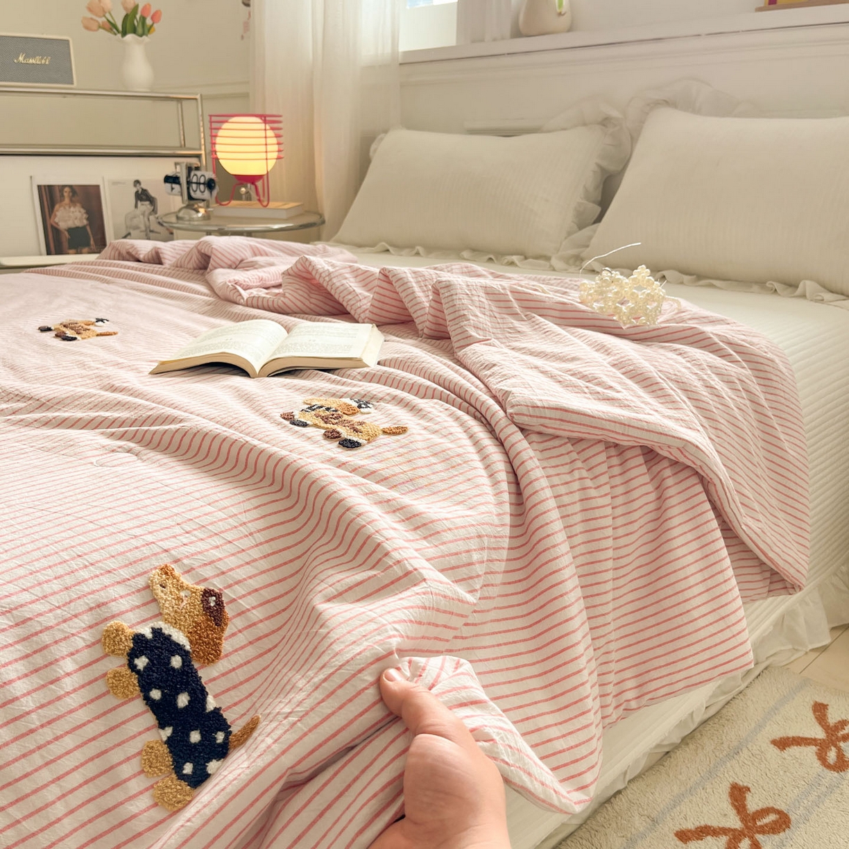 91家纺网 家纺一手货源 找家纺 一加一 2026新款全棉色织水洗棉毛巾绣大豆夏被夏凉被空调被-腊肠狗 腊肠狗-樱花