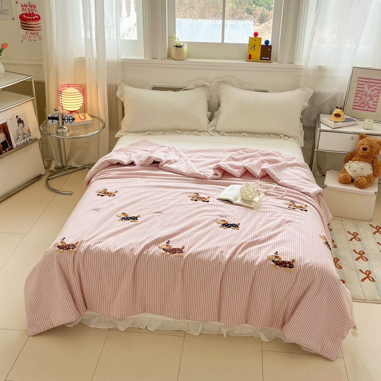 91家纺网 家纺一手货源 找家纺 一加一 2026新款全棉色织水洗棉毛巾绣大豆夏被夏凉被空调被-腊肠狗 腊肠狗-樱花