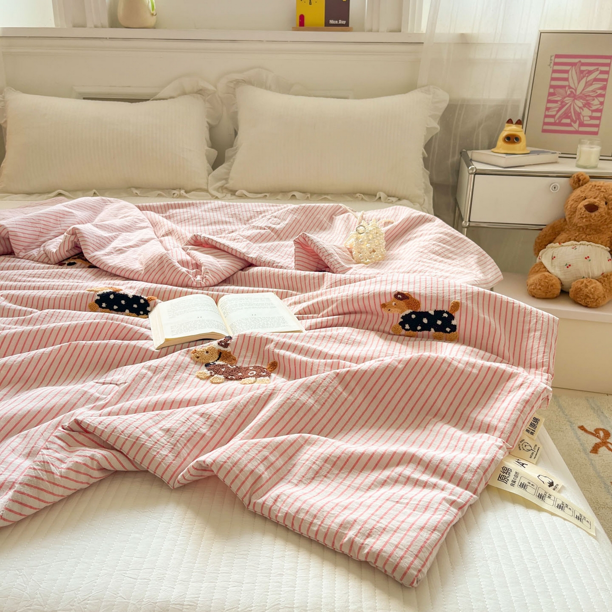 91家纺网 家纺一手货源 找家纺 一加一 2026新款全棉色织水洗棉毛巾绣大豆夏被夏凉被空调被-腊肠狗 腊肠狗-樱花