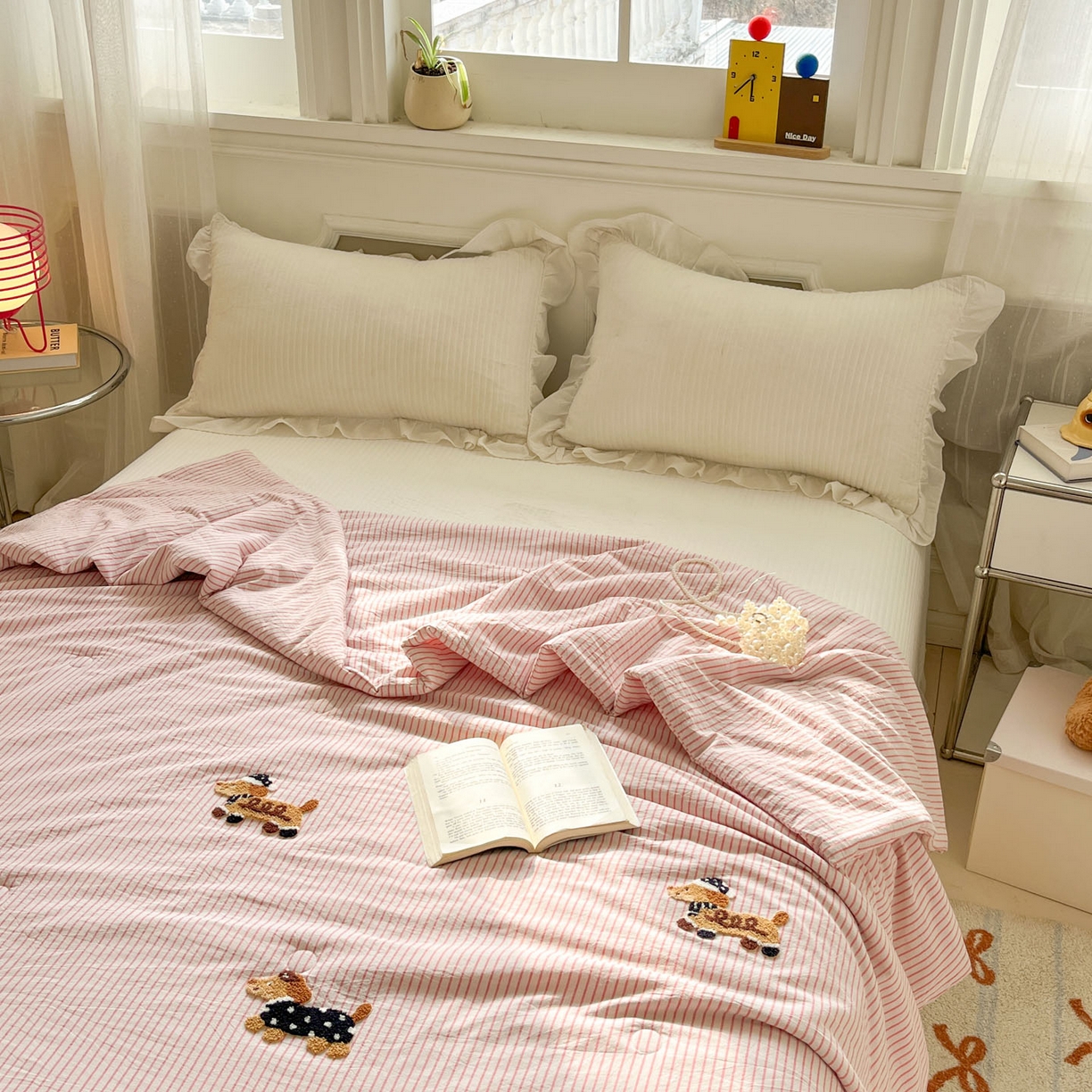 91家纺网 家纺一手货源 找家纺 一加一 2026新款全棉色织水洗棉毛巾绣大豆夏被夏凉被空调被-腊肠狗 腊肠狗-樱花