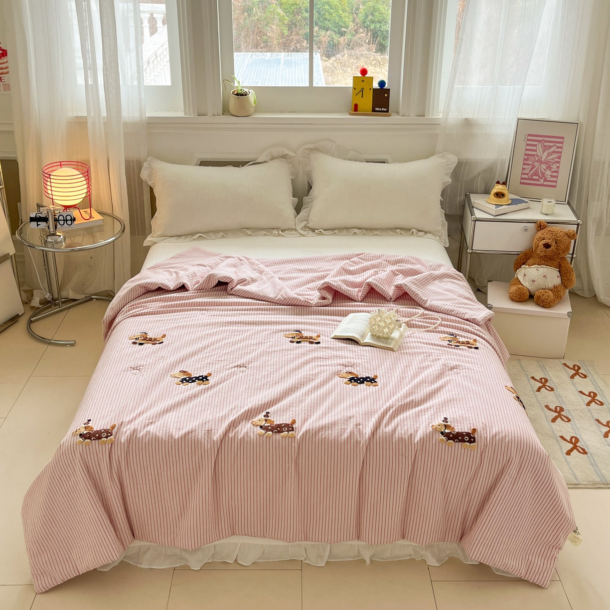 91家纺网 家纺一手货源 找家纺 一加一 2026新款全棉色织水洗棉毛巾绣大豆夏被夏凉被空调被-腊肠狗 腊肠狗-樱花