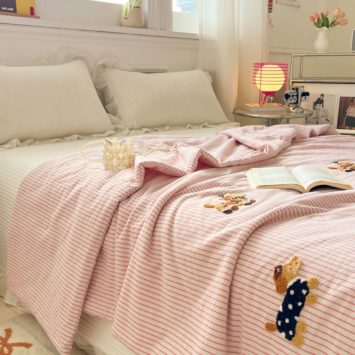 91家纺网 家纺一手货源 找家纺 一加一 2026新款全棉色织水洗棉毛巾绣大豆夏被夏凉被空调被-腊肠狗 腊肠狗-樱花