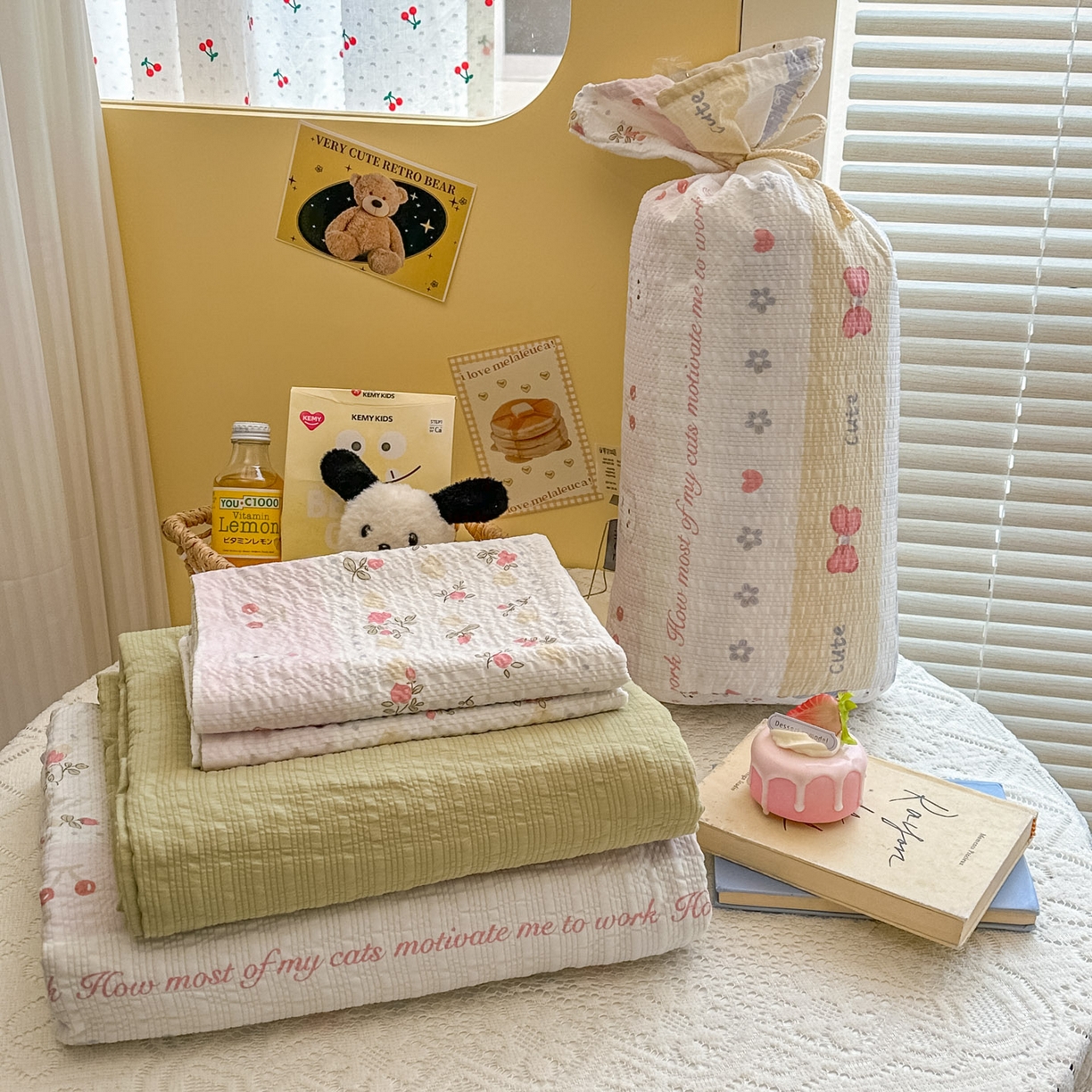 暖伊家居 2026新款糖果小布袋泡芙纱四件套 栀夏来信