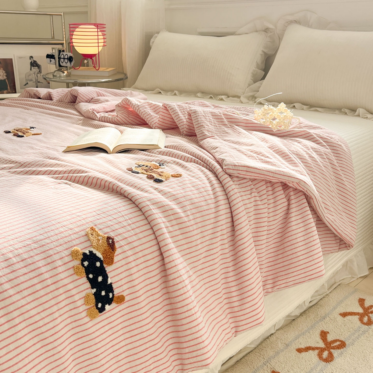 91家纺网 家纺一手货源 找家纺 一加一 2026新款全棉色织水洗棉毛巾绣大豆夏被夏凉被空调被-腊肠狗 腊肠狗-樱花