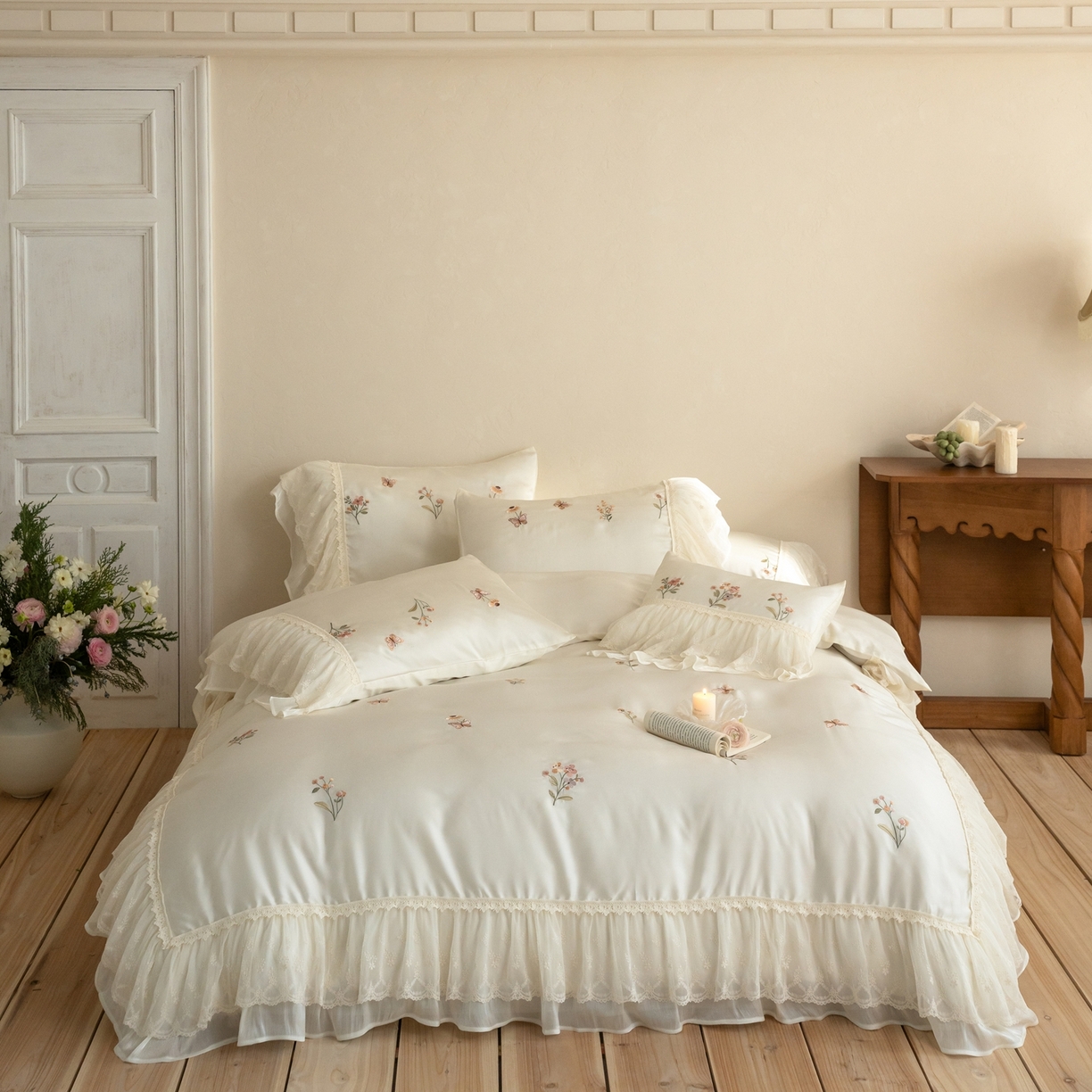 91家纺网 家纺一手货源 找家纺 （总）满座家居 2026新款100s全棉长绒棉四件套法式纯棉花边款四件套-白茶清欢（会员➖20 控价369）