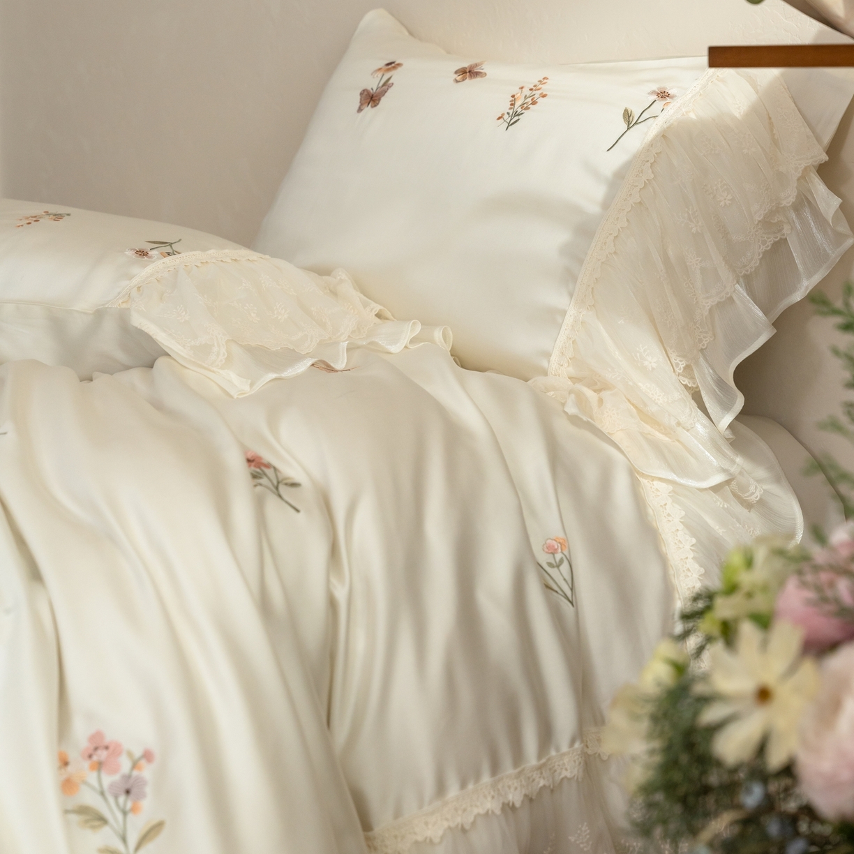 91家纺网 家纺一手货源 找家纺 （总）满座家居 2026新款100s全棉长绒棉四件套法式纯棉花边款四件套-白茶清欢（会员➖20 控价369）