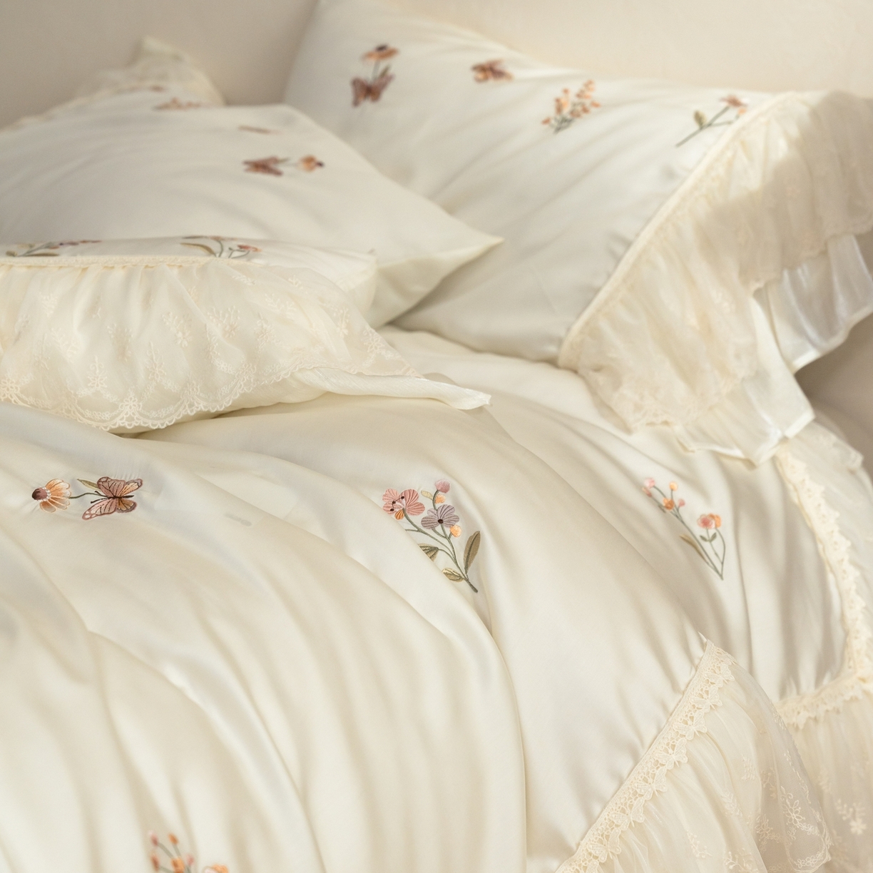 91家纺网 家纺一手货源 找家纺 （总）满座家居 2026新款100s全棉长绒棉四件套法式纯棉花边款四件套-白茶清欢（会员➖20 控价369）