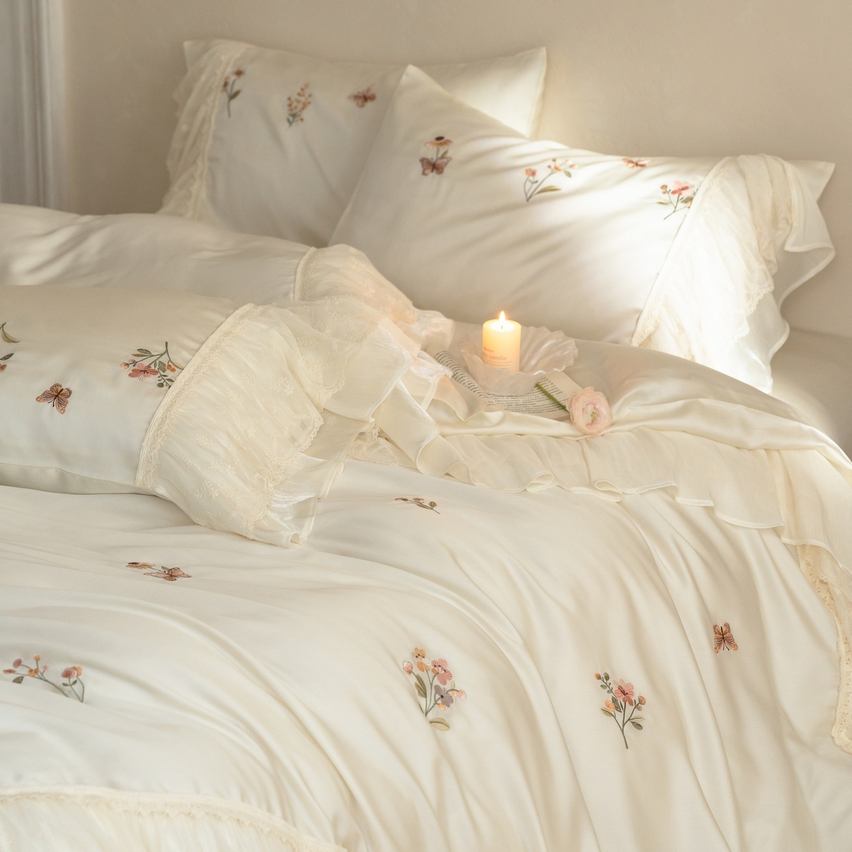 91家纺网 家纺一手货源 找家纺 （总）满座家居 2026新款100s全棉长绒棉四件套法式纯棉花边款四件套-白茶清欢（会员➖20 控价369）