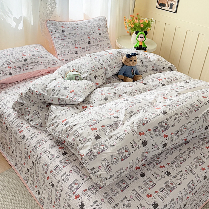 淑女公社家纺 2026新款高温砂洗纯棉床盖款正版三丽鸥KT猫四件套床盖被套单件单品 爱美KT