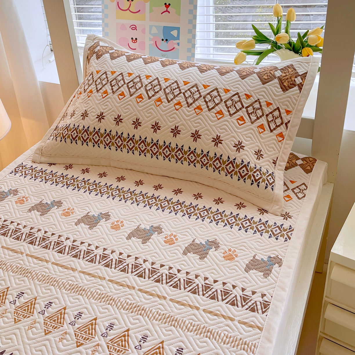 金鑫汇家纺 2026春夏新款学生床新花型老粗布床盖夹棉软凉席席子可以机洗 学生床-安夏-咖