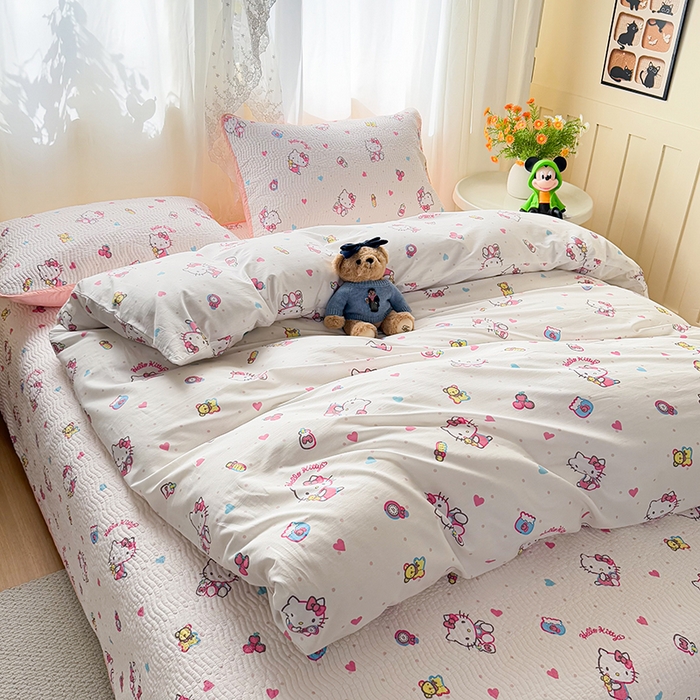 淑女公社家纺 2026新款高温砂洗纯棉床盖款正版三丽鸥KT猫四件套床盖被套单件单品 甜心KT