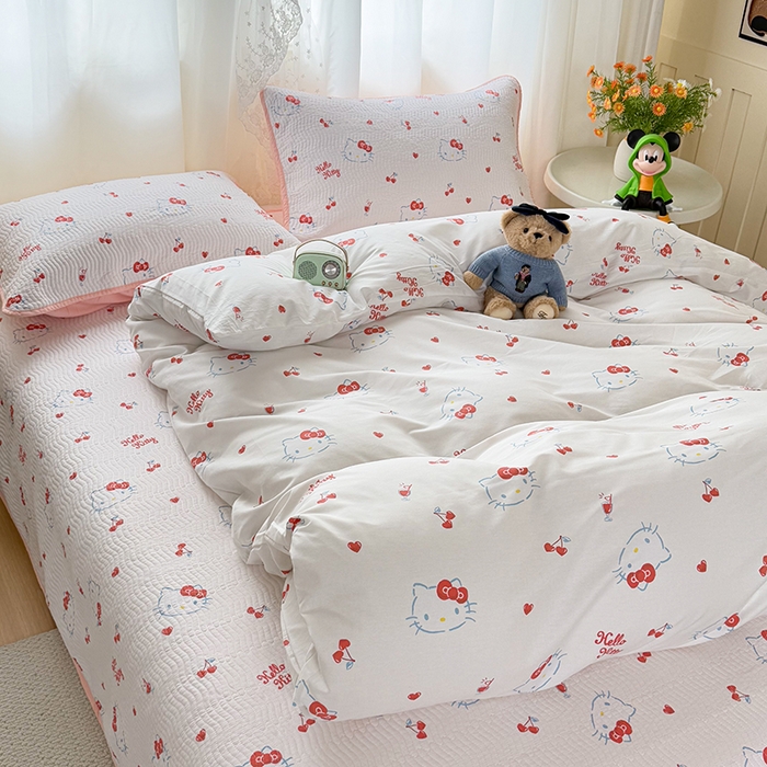 淑女公社家纺 2026新款高温砂洗纯棉床盖款正版三丽鸥KT猫四件套床盖被套单件单品 樱桃KT