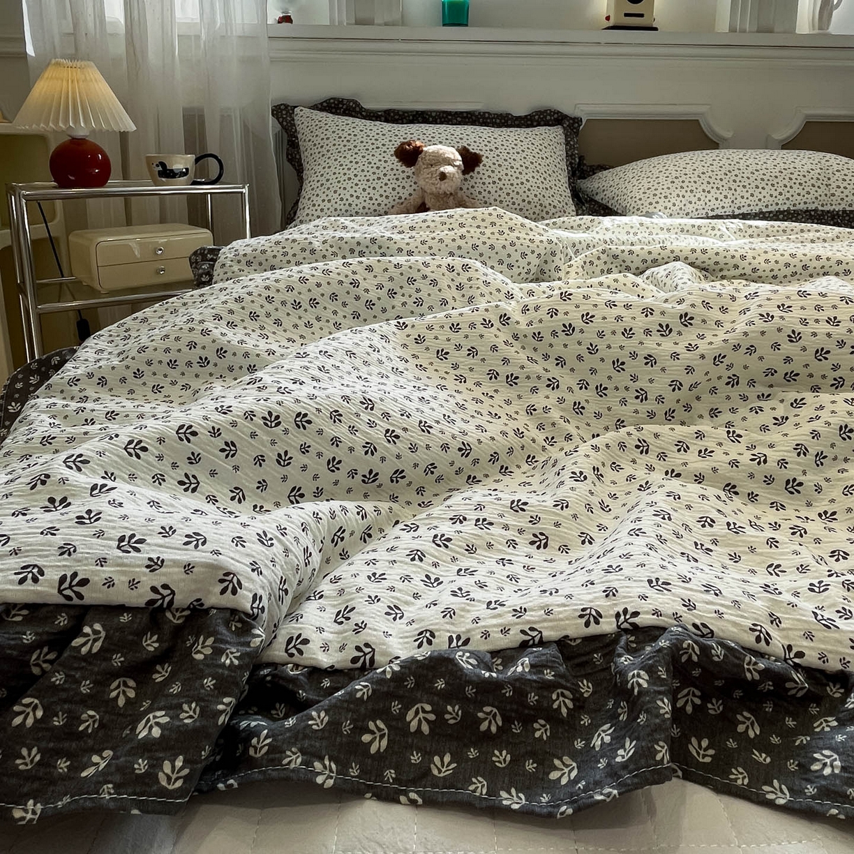 91家纺网 家纺一手货源 找家纺 一加一 2026新款复古碎花双层纱大豆夏被夏凉被空调被-纱边花眠 叶影