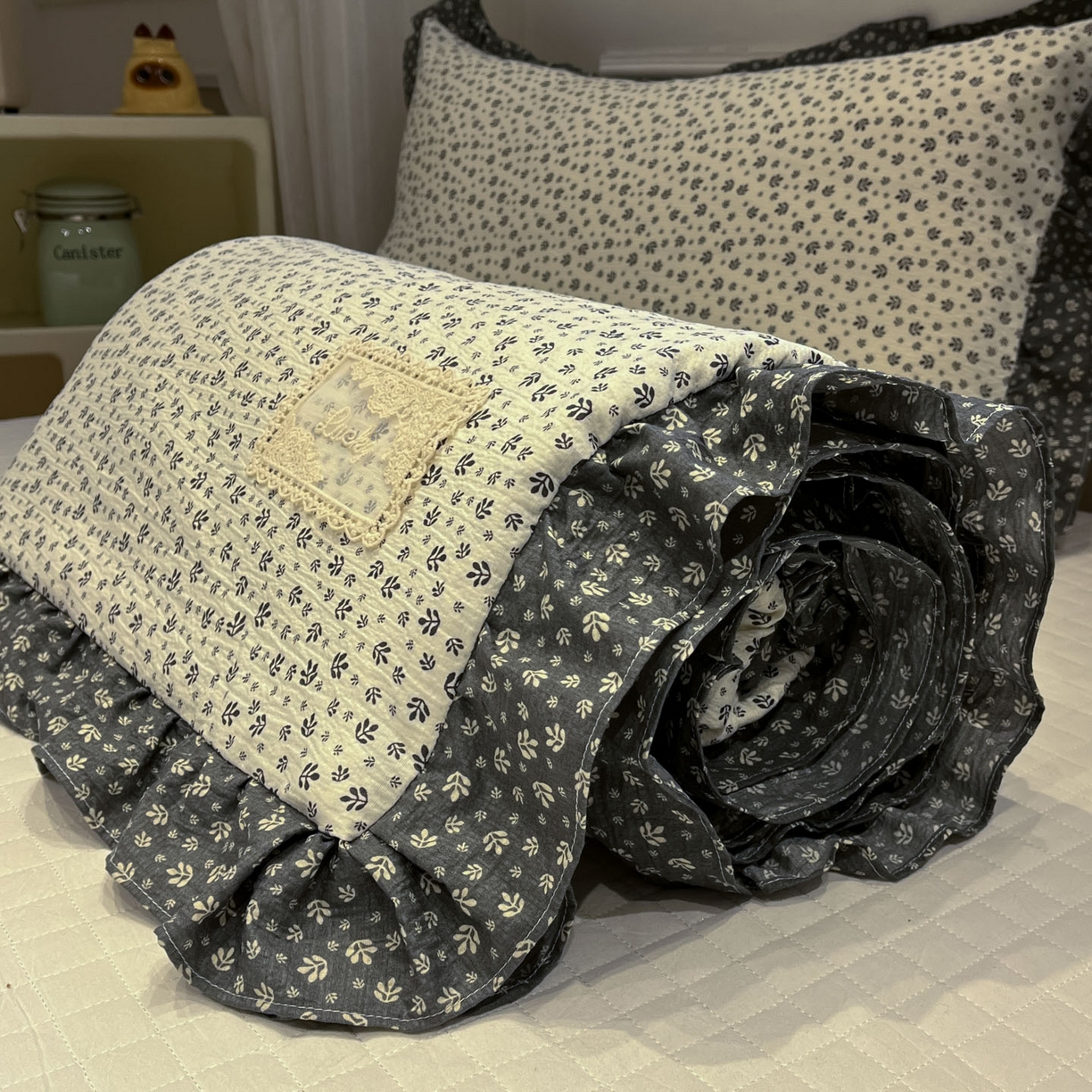 91家纺网 家纺一手货源 找家纺 一加一 2026新款复古碎花双层纱大豆夏被夏凉被空调被-纱边花眠 叶影