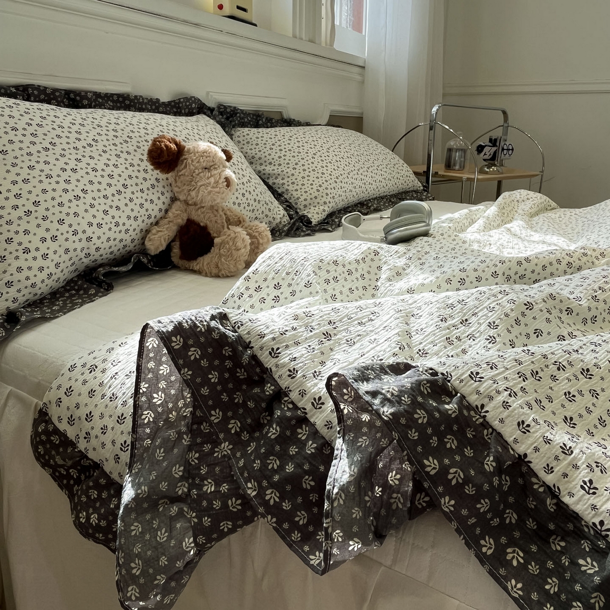 91家纺网 家纺一手货源 找家纺 一加一 2026新款复古碎花双层纱大豆夏被夏凉被空调被-纱边花眠 叶影