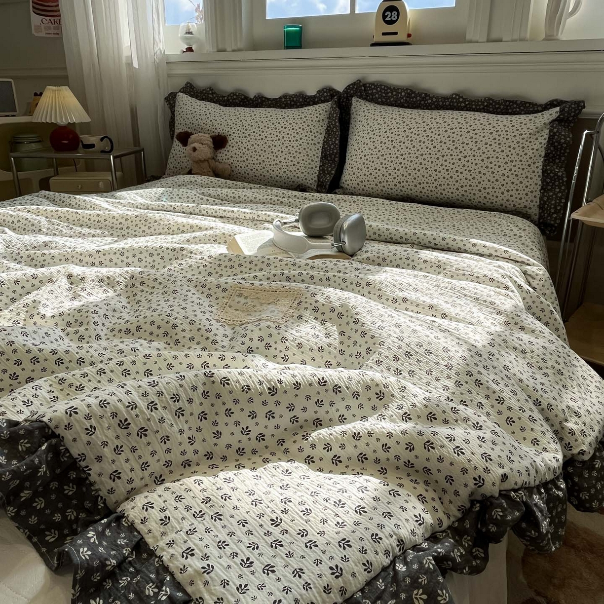 91家纺网 家纺一手货源 找家纺 一加一 2026新款复古碎花双层纱大豆夏被夏凉被空调被-纱边花眠 叶影