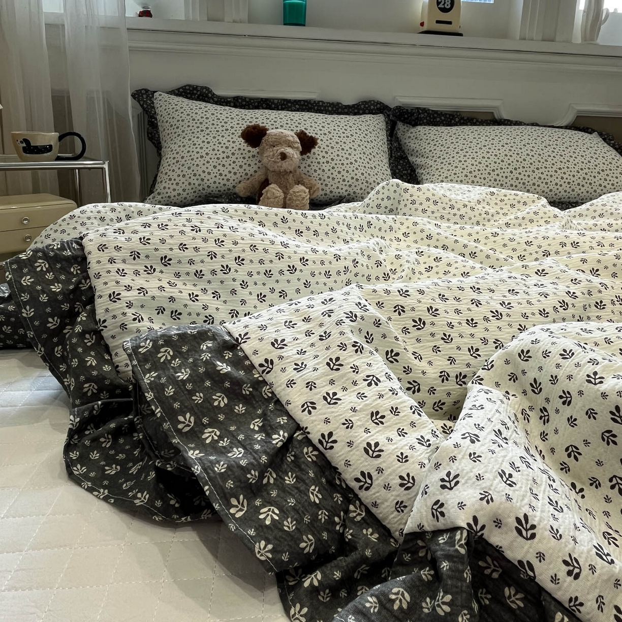 91家纺网 家纺一手货源 找家纺 一加一 2026新款复古碎花双层纱大豆夏被夏凉被空调被-纱边花眠 叶影