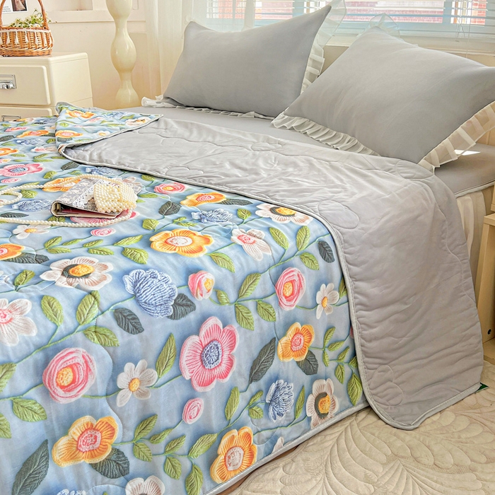 91家纺网 家纺一手货源 找家纺 栩裕纺织 2026新款（常年不断货）5D立体凉感丝夏被仿锦氨空调被冰淇淋夏凉被 小花园