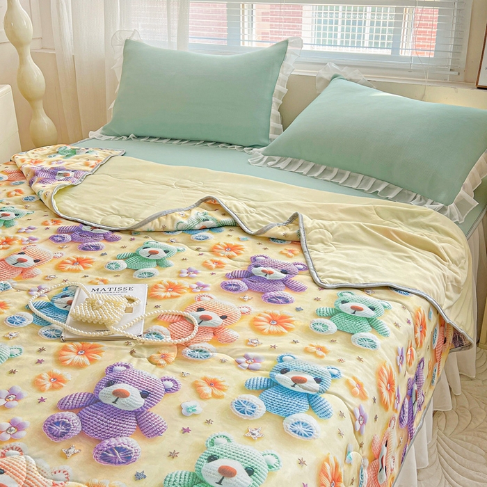 91家纺网 家纺一手货源 找家纺 栩裕纺织 2026新款（常年不断货）5D立体凉感丝夏被仿锦氨空调被冰淇淋夏凉被 可爱萌熊