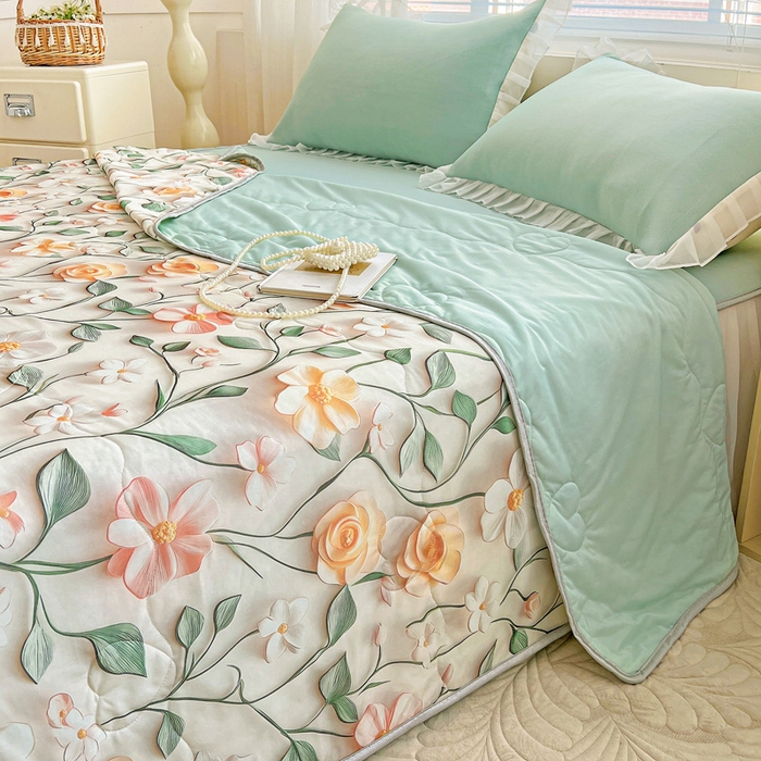 91家纺网 家纺一手货源 找家纺 栩裕纺织 2026新款（常年不断货）5D立体凉感丝夏被仿锦氨空调被冰淇淋夏凉被 花儿朵朵