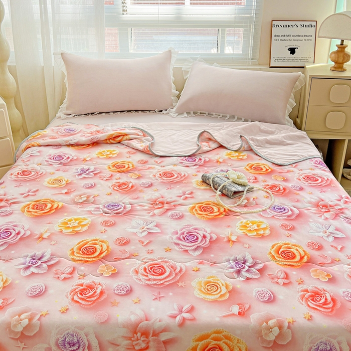 91家纺网 家纺一手货源 找家纺 栩裕纺织 2026新款（常年不断货）5D立体凉感丝夏被仿锦氨空调被冰淇淋夏凉被 爱心玫瑰