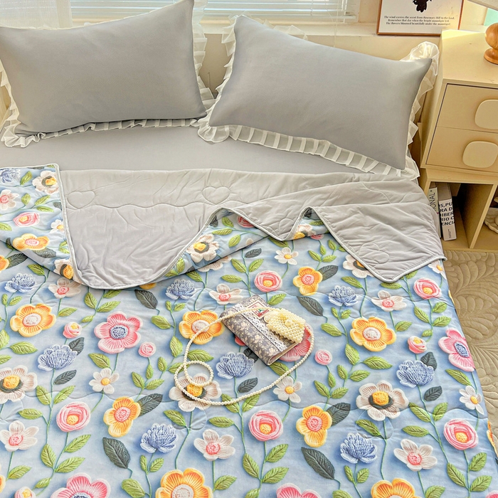 91家纺网 家纺一手货源 找家纺 栩裕纺织 2026新款（常年不断货）5D立体凉感丝夏被仿锦氨空调被冰淇淋夏凉被 小花园