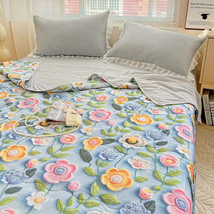 91家纺网 家纺一手货源 找家纺 栩裕纺织 2026新款（常年不断货）5D立体凉感丝夏被仿锦氨空调被冰淇淋夏凉被 小花园