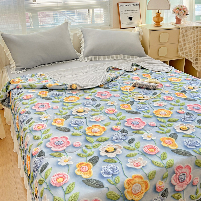 91家纺网 家纺一手货源 找家纺 栩裕纺织 2026新款（常年不断货）5D立体凉感丝夏被仿锦氨空调被冰淇淋夏凉被 小花园