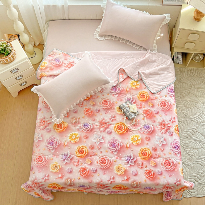 91家纺网 家纺一手货源 找家纺 栩裕纺织 2026新款（常年不断货）5D立体凉感丝夏被仿锦氨空调被冰淇淋夏凉被 爱心玫瑰