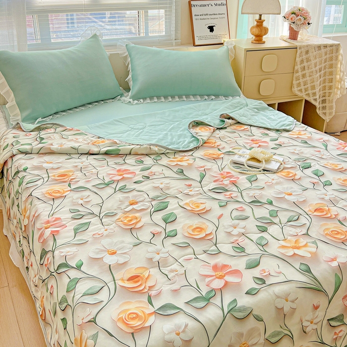 91家纺网 家纺一手货源 找家纺 栩裕纺织 2026新款（常年不断货）5D立体凉感丝夏被仿锦氨空调被冰淇淋夏凉被 花儿朵朵