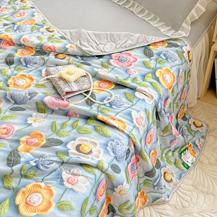 91家纺网 家纺一手货源 找家纺 栩裕纺织 2026新款（常年不断货）5D立体凉感丝夏被仿锦氨空调被冰淇淋夏凉被 小花园