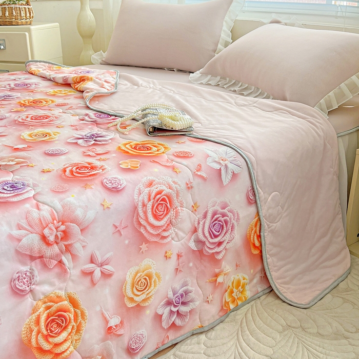 91家纺网 家纺一手货源 找家纺 栩裕纺织 2026新款（常年不断货）5D立体凉感丝夏被仿锦氨空调被冰淇淋夏凉被 爱心玫瑰