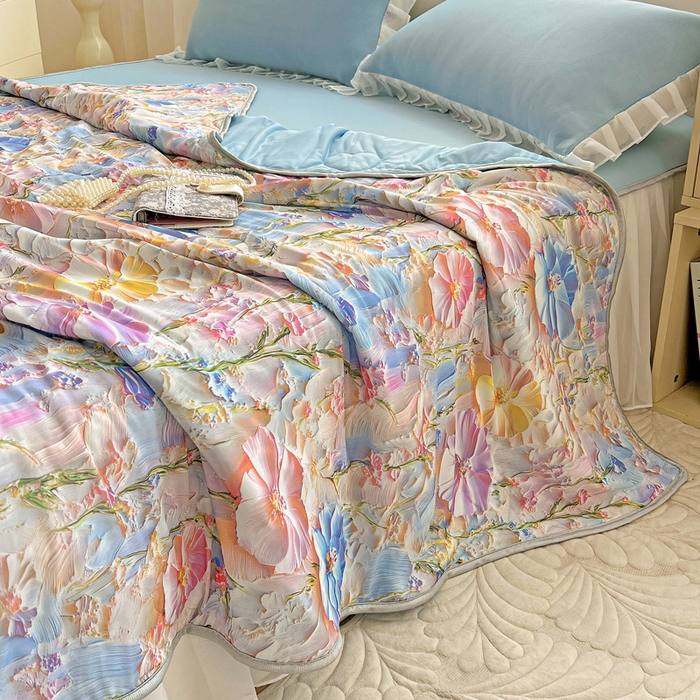 91家纺网 家纺一手货源 找家纺 栩裕纺织 2026新款（常年不断货）5D立体凉感丝夏被仿锦氨空调被冰淇淋夏凉被 浮雕花